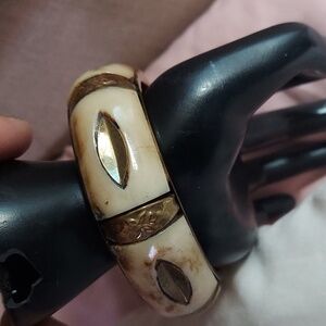 Vintage Brass Bovine Bone Inlay Chunky Bangle Bracelet